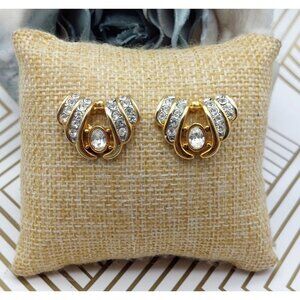 Fancy Gold Tone Pierced Statement Earrings Crystal Accents Pretty 1"
